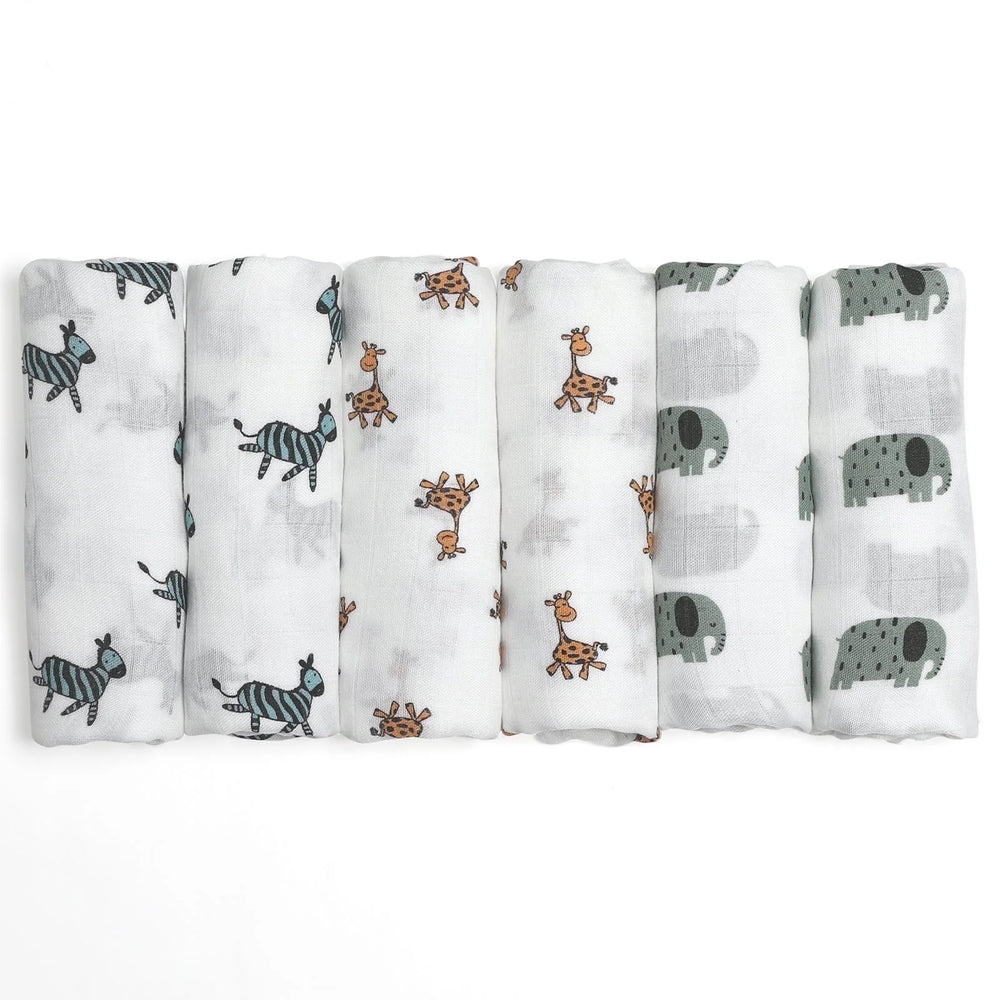 Muslin Swaddle Blankets 6-Pack, Soft Receiving Swaddles, Breathable Unisex for Newborns Infant Boys and Girls, 27 X 27", Elephant and Giraffe