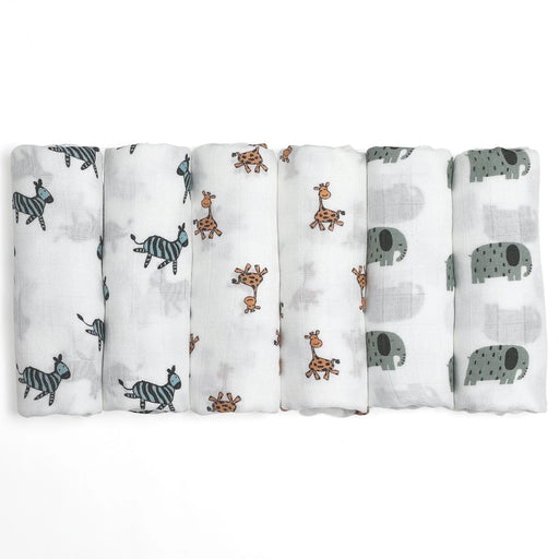 Muslin Swaddle Blankets 6-Pack, Soft Receiving Swaddles, Breathable Unisex for Newborns Infant Boys and Girls, 27 X 27", Elephant and Giraffe