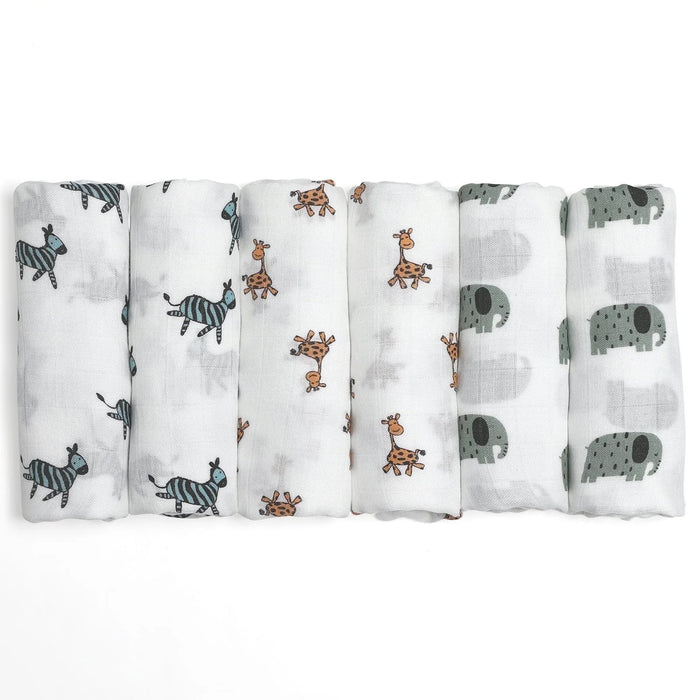 Muslin Swaddle Blankets 6-Pack, Soft Receiving Swaddles, Breathable Unisex for Newborns Infant Boys and Girls, 27 X 27", Elephant and Giraffe
