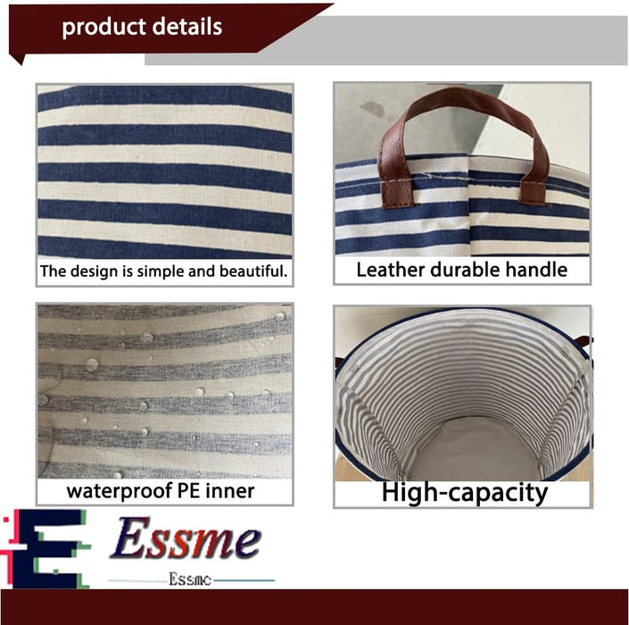 2Pack Kids Laundry Hamper,Boys Laundry Basket,Collapsible Bule Storage Basket with Waterproof PE Coating,Canvas Fabric Nursery Hamper for Kids Room Decor,Toy Storage,Gift,Baby Clothing.(2Pack Navy Blue Stripes)