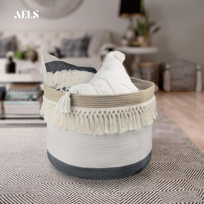 Xxxlarge 22"X22"X15" Rope Boho Basket Woven Laundry Basket for Blankets Storage Basket with Handle Comforter Cushions Storage Bins Thread Laundry Hamper-Brown White Gray 93 Liters