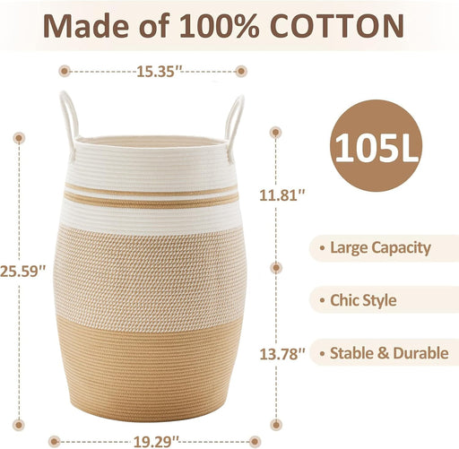 105L Extra Large Woven Laundry Hamper Basket with Heavy Duty Cotton Rope Handles for Clothes and Toys in Bedroom, Nursery Room, Bathroom