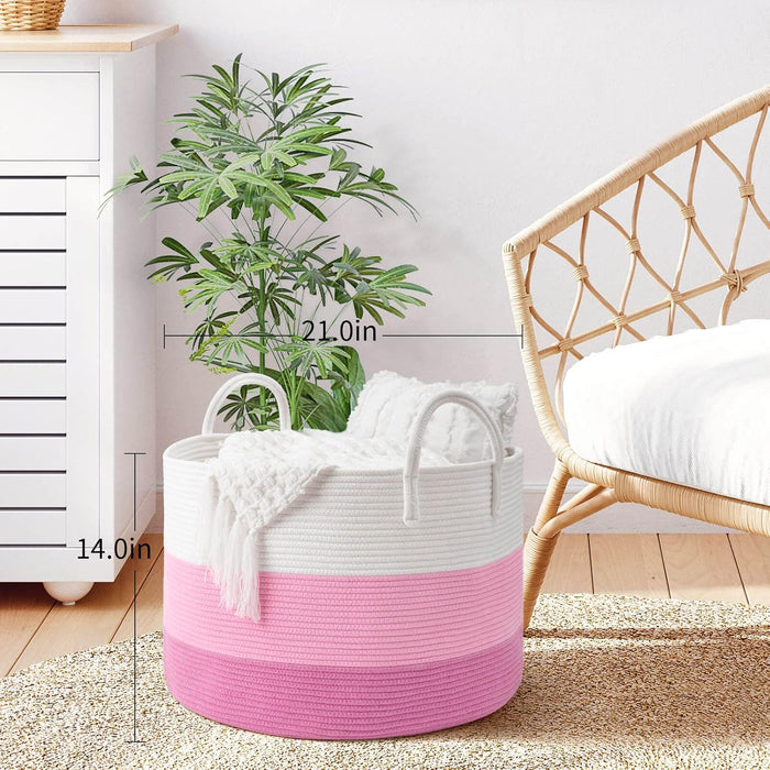Xxxlarge Pink Woven Rope Basket | Wide 21" X 14" Blanket Storage Basket with Long Handles Decorative Clothes Hamper Basket | Extra Large Baskets for Blankets Stuffed Animal Storage Basket