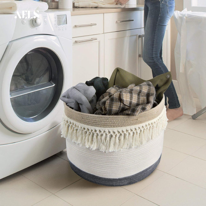 Xxxlarge 22"X22"X15" Rope Boho Basket Woven Laundry Basket for Blankets Storage Basket with Handle Comforter Cushions Storage Bins Thread Laundry Hamper-Brown White Gray 93 Liters