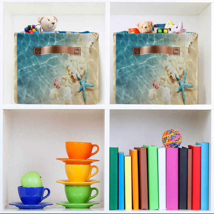 Storage Basket Tropical Sea Beach Starfish Seashell Storage Cube Box Durable Canvas Collapsible Toy Basket Organizer Bin with Handles for Shelf Closet Bedroom Home Office