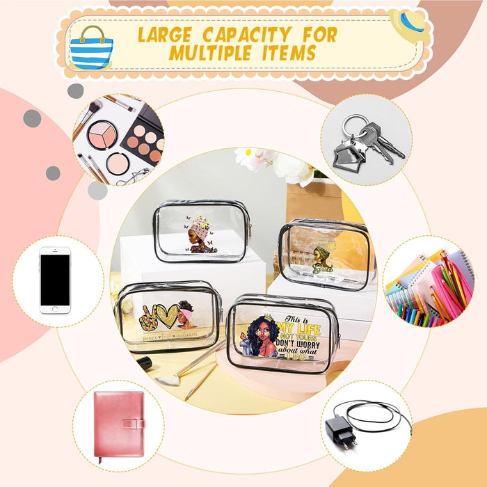 4 Pcs African American Makeup Bag Gifts for Black Women Clear Travel Toiletry Bag Zippered Funny Cosmetics Pouch Multi Purpose Organizer for Women Inspirational Gifts