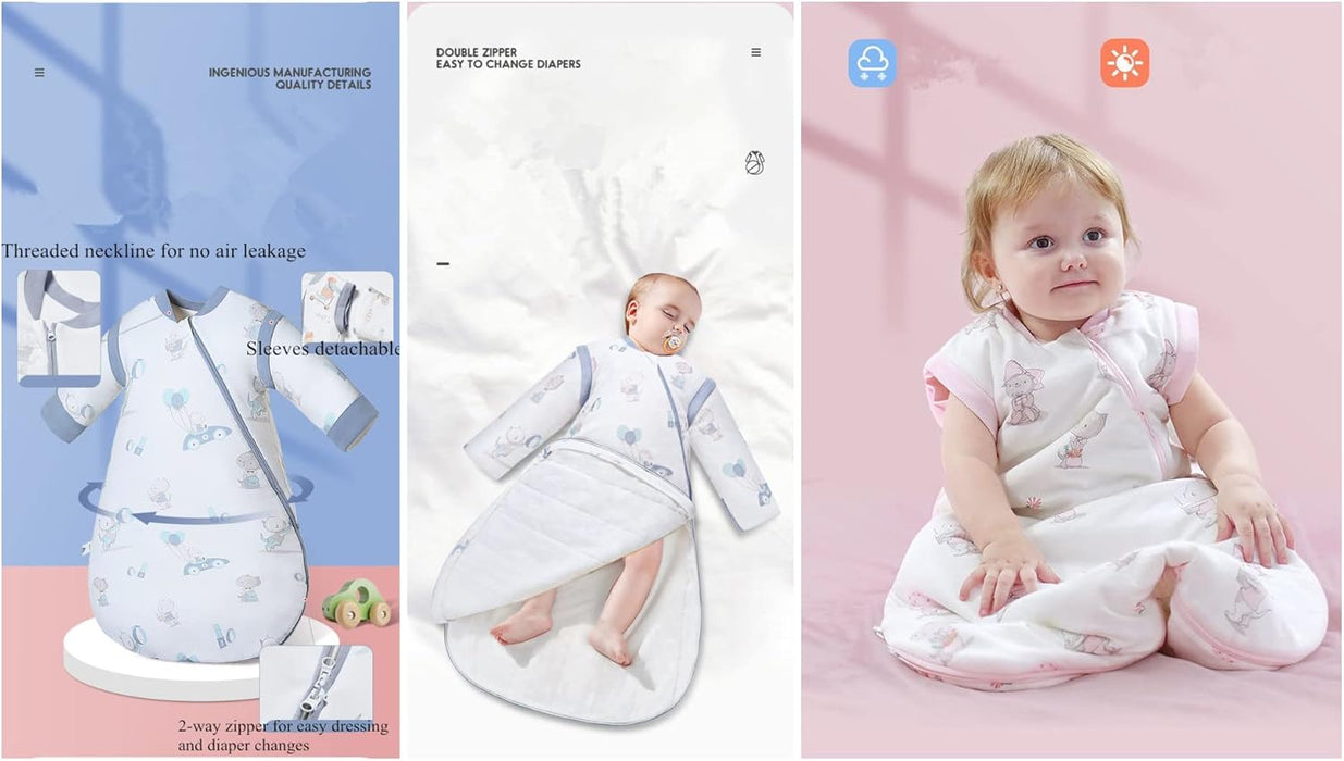 Baby 100% Cotton Sleeping Bag Autumn All Seasons Sleeves Detachable Toddlers Wearable Blanket