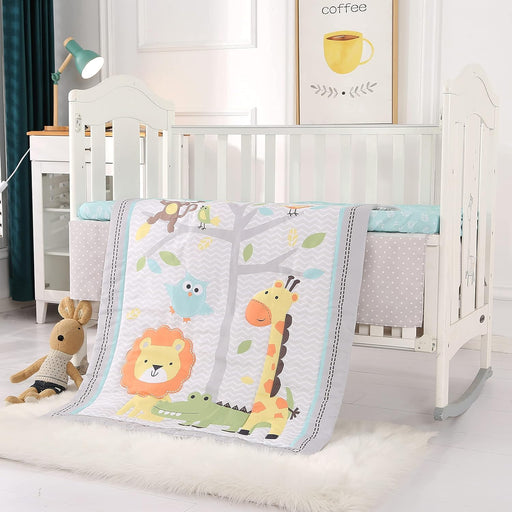 Grey Giraffe Crib Bedding Set for Boys Girls 3 Piece Lion Bird Monkey Animals Infant Nursery Baby Crib Comforter Set with Crib Bed Quilt Fitted Sheet Skirt Set for Standard Size Crib