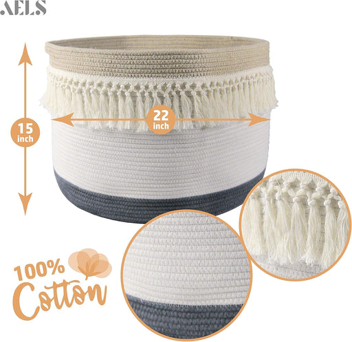 Xxxlarge 22"X22"X15" Rope Boho Basket Woven Laundry Basket for Blankets Storage Basket with Handle Comforter Cushions Storage Bins Thread Laundry Hamper-Brown White Gray 93 Liters
