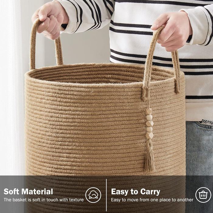 Jute Rope Laundry Hamper Basket, 58L Tall Woven Collapsible Baskets for Blanket Organizing Clothes Hamper for Laundry Bedroom Storage