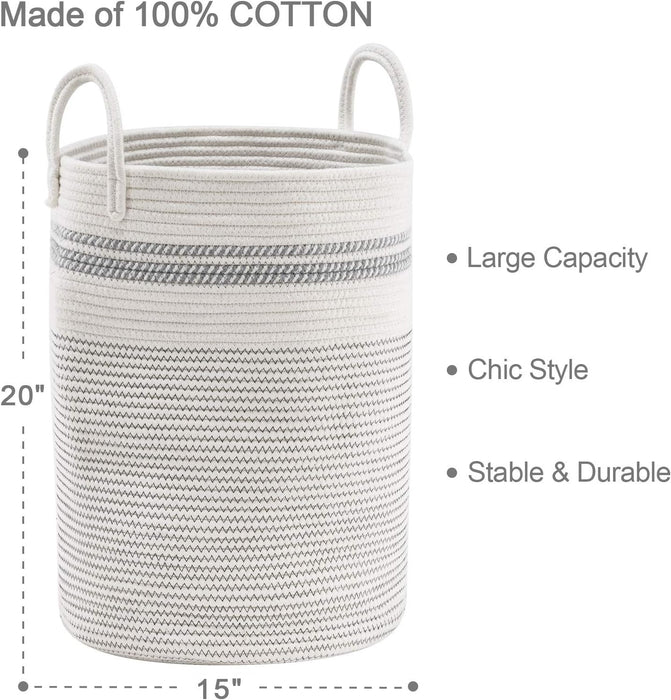 Woven Rope Laundry Hamper Basket, 58L Tall Luandry Basket, Baby Nursery Hamper for Blanket Storage, Clothes Hamper for Laundry in Bedroom-Large-Stripe White