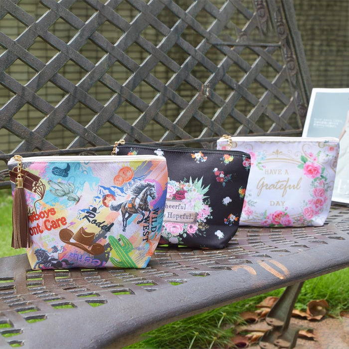 Makeup Pouch for Women Girls Canvas Travel Cosmetic Pouch Inspirational Floral Makeup Bags with Zipper and Tassels(White Flowers)