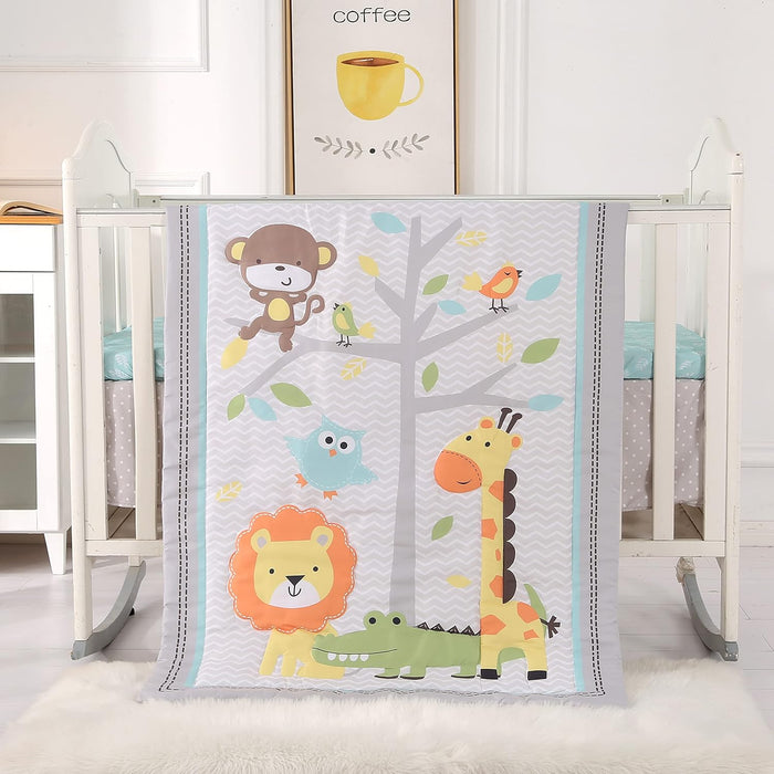 Grey Giraffe Crib Bedding Set for Boys Girls 3 Piece Lion Bird Monkey Animals Infant Nursery Baby Crib Comforter Set with Crib Bed Quilt Fitted Sheet Skirt Set for Standard Size Crib