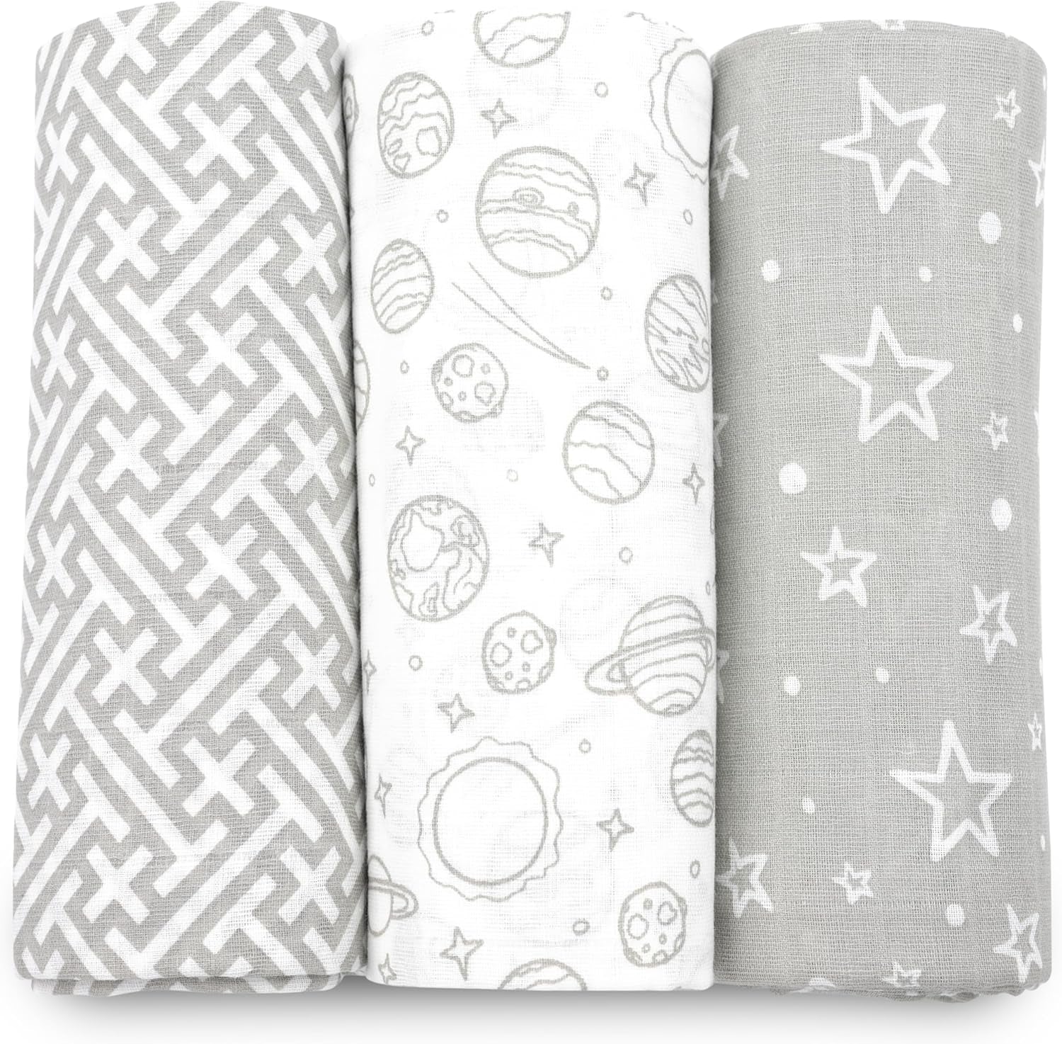 Muslin Swaddle Blankets, Swaddle Blanket for Baby Boys and Girls, 3-Pack Breathable Premium 100% Cotton Baby Receiving Blankets, Exta Large Size 47X47 Inches, Grey