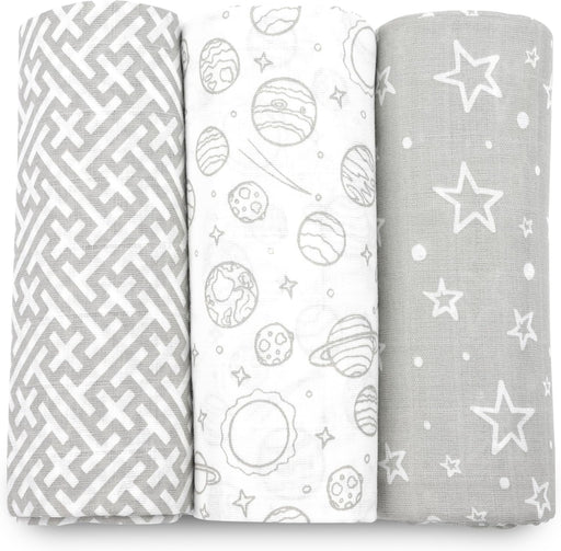 Muslin Swaddle Blankets, Swaddle Blanket for Baby Boys and Girls, 3-Pack Breathable Premium 100% Cotton Baby Receiving Blankets, Exta Large Size 47X47 Inches, Grey