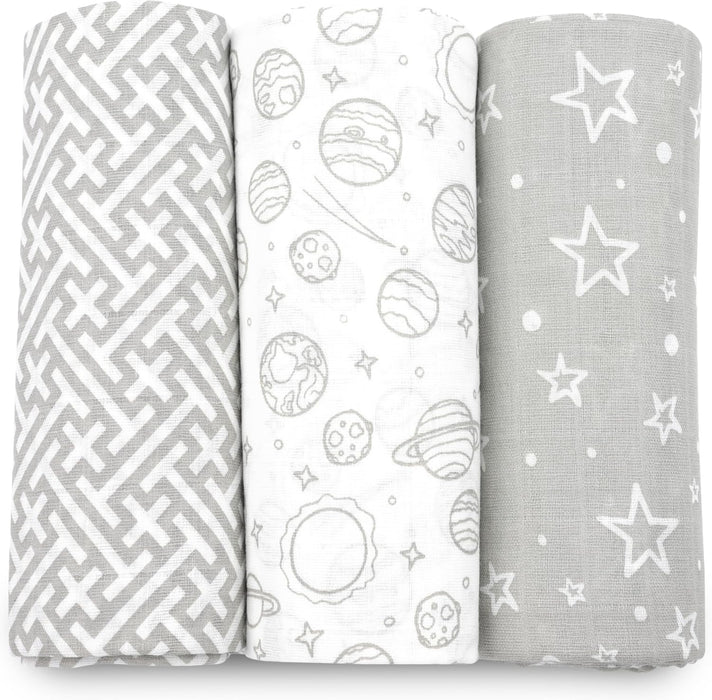 Muslin Swaddle Blankets, Swaddle Blanket for Baby Boys and Girls, 3-Pack Breathable Premium 100% Cotton Baby Receiving Blankets, Exta Large Size 47X47 Inches, Grey