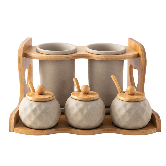 Ceramic Double-Layer Seasoning Jar Set with Bamboo Rack