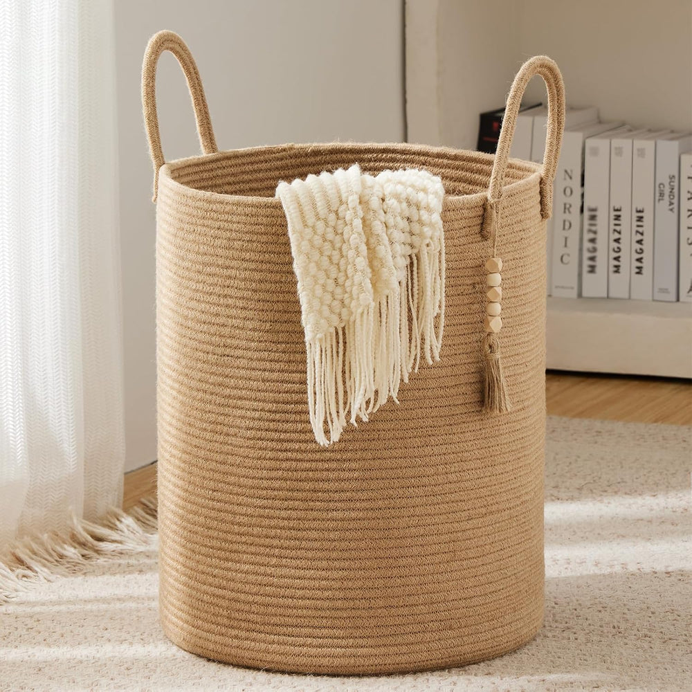 Jute Rope Laundry Hamper Basket, 58L Tall Woven Collapsible Baskets for Blanket Organizing Clothes Hamper for Laundry Bedroom Storage