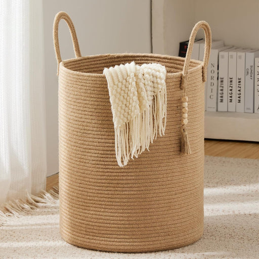 Jute Rope Laundry Hamper Basket, 58L Tall Woven Collapsible Baskets for Blanket Organizing Clothes Hamper for Laundry Bedroom Storage