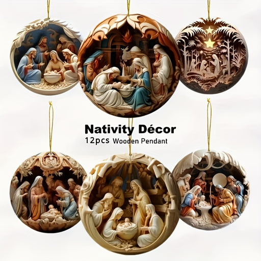 12pcs Handcrafted Wooden Nativity Scene Ornaments.