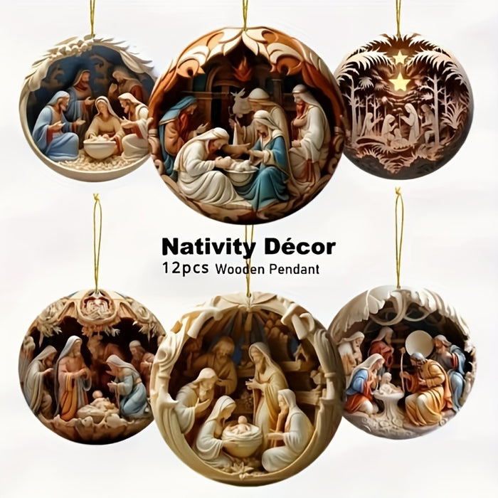 12pcs Handcrafted Wooden Nativity Scene Ornaments.
